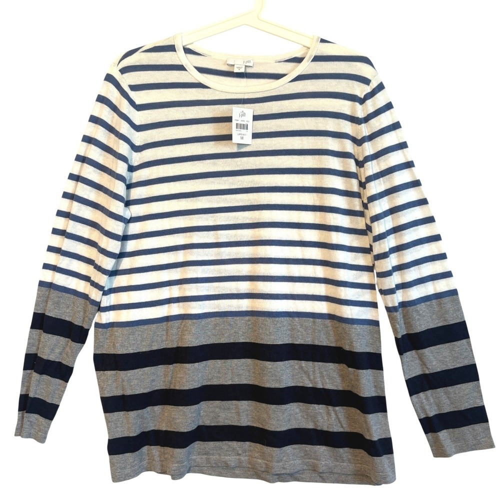 J. Jill Lapis NWT Multi Striped Cotton Bamboo Knit Sweater Crew Neck Blue Grey M